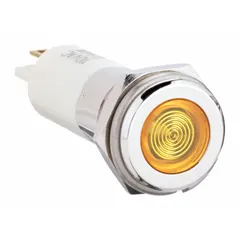 This LED indicator pilot light features a yellow flush head and is designed for a 12 mm panel mounting hole. It uses an H12 electrical connection with a 0.11 male quick disconnect terminal. Suitable for use in industrial control panels and machinery to provide visual status indication.