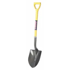 Round point shovel with a 14-gauge steel blade in black finish. Fiberglass handle with D-grip for leverage. Suitable for general digging, trenching, and moving loose materials such as soil or gravel.