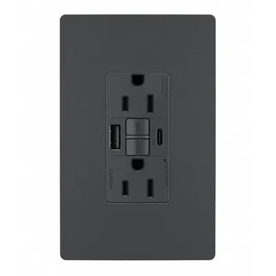 LEGRAND GFCI-USB: Duplex, 5-20, Black, GFCI, 125V AC, 20 A, 2 Pole / 3 Wire - Receptacles with Isolated Grounds