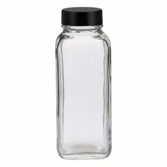 Rectangular glass bottle with 240 mL capacity, clear and colorless body for visual inspection of contents. Features a 43-400 screw closure with phenolic cap and pulp/vinyl liner. Pre-cleaned to visible particulate standards; not graduated. Suitable for general mixing, storage, and sampling of liquids in laboratory environments.