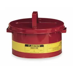 This 2-gallon bench can is constructed from powder-coated steel in red. It is used for the safe handling and dispensing of flammable liquids in industrial settings such as laboratories, factories, and maintenance areas.