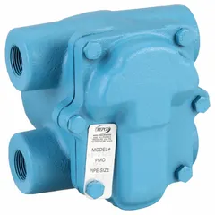 Cast iron H-pattern float and thermostatic steam trap with 3/4 in FNPT connection. Rated for 1,650 lb/hr capacity at 125 psi maximum pressure and 450°F maximum temperature. Stainless steel float. Designed for horizontal installation in steam systems to drain condensate while preventing steam loss.