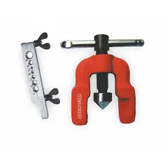 This handheld flaring tool produces single 45-degree flares on aluminum, brass, and copper tubing with a maximum wall thickness of 0.039 inches. Constructed with a steel and aluminum body, it is manually operated for preparing tube ends in applications such as HVAC, refrigeration, and plumbing.