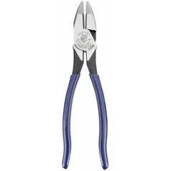 Multipurpose lineman's pliers with 8 5/8 in overall length, 1 1/2 in jaw length, 1 1/4 in jaw width, and 5/8 in jaw thickness. Features a flat jaw design, dipped handle, and integrated wire cutter. Used for cutting, gripping, and twisting wire in electrical and construction applications.