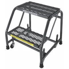 This 2-step rolling step stool is constructed of steel with a gray rectangular platform. It has a standing height of 1.6 ft and supports up to 450 lb. Four swivel casters allow easy repositioning in industrial or warehouse settings for tasks such as maintenance, stocking, or assembly.