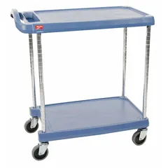 Polymer lab cart with two shelves, overall dimensions 34 3/8 in length, 23 1/2 in width, 35 1/2 in height. Used for transporting instruments, glassware, and supplies in laboratory and cleanroom environments.