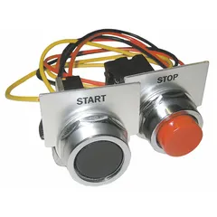 NEMA motor starter push button assembly with Start/Stop functionality. Includes wires for installation. Black and red push button design for manual motor control in industrial applications.