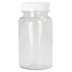 PET wide mouth round lab bottle with 120 mL (4 fl oz) capacity. Colorless body with 38-400 polypropylene closure included. Non-graduated design suitable for general laboratory liquid storage and handling.