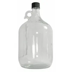 Uncoated glass jug with a 1.92 L capacity, 124 mm diameter, and 265 mm overall height. Includes a closure. Suitable for storing and dispensing liquids in laboratory, chemical handling, and food-grade applications.