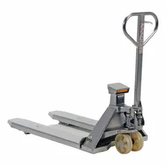 This digital scale pallet truck combines a pallet truck with an integrated scale for weighing and moving palletized loads simultaneously. It has a 5000 lb capacity, low-profile steel forks measuring 46 in length by 28 in width. Suitable for use in warehouses, distribution centers, and manufacturing facilities.