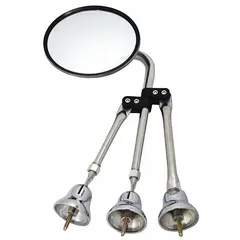 Round convex mirror designed for passenger vehicle side use. Provides a wider field of view to assist in monitoring adjacent lanes. Includes tripod mounting bracket for secure attachment.