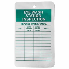 White aluminum label for identifying eyewash stations in indoor industrial facilities. Each label measures 3 inches wide by 4 1/4 inches high with a thickness of 0.02 inches. Supplied in a pack of 25 labels for consistent placement across multiple stations.