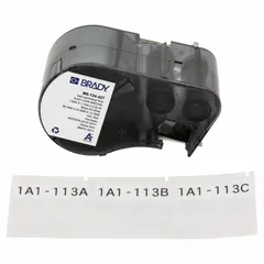This precut label cartridge contains vinyl wraparound labels in white matte finish, sized 1 1/2 in x 1 3/4 in, for wire gauges 10 AWG to 4 AWG. Compatible with BMP51 printer series and requires R4300 ribbon. Used for identifying wires in electrical panels, control cabinets, and cable management applications.
