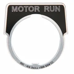 Half-round legend plate with 30 mm panel mounting size. Constructed of silver aluminum with a black notch. Engraved in English with 'Motor Run' text. Overall dimensions: 1 3/4 in height by 1 5/8 in width. Used to label push buttons in industrial control stations.