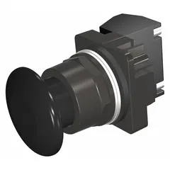Momentary-action push button with a 30 mm non-metallic mushroom head profile. Features pressure plate terminal connection. Suitable for industrial control panel applications requiring a large actuator surface.
