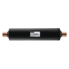 Steel shell filter drier for liquid lines in HVACR systems. Designed for 20-ton systems using HFO refrigerants. Contains a molecular sieve core to remove moisture, acids, and contaminants. Length: 15.9 inches.