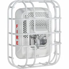 Steel wire cage guard for indoor flush wall-mounting with L Series horns/strobes. Protects against vandalism and accidental damage. Includes mounting hardware. Overall depth 2 7/8 in, length 8 3/16 in. Color: White.