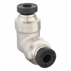 This nickel-plated brass elbow fitting features push-to-connect connections on both ends for 1/8 in OD tubing. It is used in pneumatic and fluid systems for reliable, tool-free assembly. Suitable for industrial automation, instrumentation, and control panel applications.