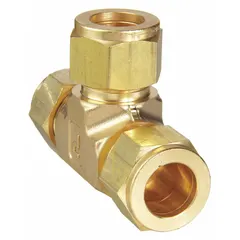 This brass compression tee fitting features a single-ferrule design for connecting three tubes of equal outer diameter. It is suited for use in industrial fluid systems requiring leak-free connections, such as instrumentation and process control applications.