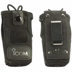 Black nylon carrying case with fixed belt clip for Icom F2000 series radios, including model F2000D. Provides secure attachment and protection for portable two-way radios in field operations.