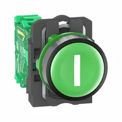 This non-illuminated push button transmitter from the XB5R series features a green plastic actuator and a 22 mm panel mounting size. The plastic body is designed for outdoor environments. It provides momentary wireless control for applications such as machinery, conveyors, and access control where wired connections are impractical.