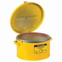 Bench can for safe handling and dispensing of flammable liquids. 2-gallon capacity. Constructed of powder-coated steel in yellow. Suitable for industrial settings such as plant maintenance, laboratories, and manufacturing facilities.