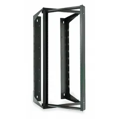 This wall-mount open-frame server rack is constructed from steel and features a 4-post design. It measures 24 inches wide, 20 3/4 inches deep, and 18 inches high. The rack is intended for mounting network equipment such as servers, switches, or patch panels in spaces where vertical wall mounting is required.