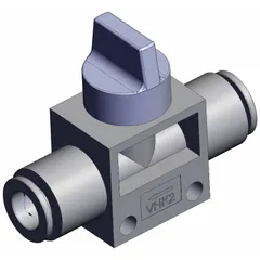 Manual air control valve with knob actuator for starting, stopping, or directing compressed air flow in pneumatic systems. Features 2 ports, 8 mm side-ported body, and gray actuator. Suitable for panel-mount or inline applications.