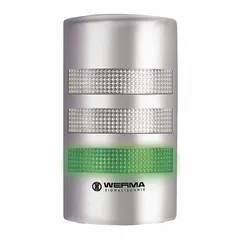 Three-tier tower light assembly with green, red, and yellow light tiers for visual status indication. Operates on 115 to 230V AC, overall height 195 mm, no sounder tier. Used on production lines, packaging equipment, and automated machinery to signal machine states such as running, fault, or warning.