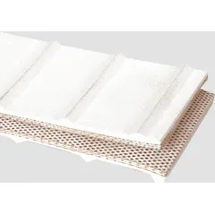 White multi-ply conveyor belting cut to length with a minimum of 15 ft. Belt width is 24 in and thickness is 1/4 in. Designed for staple-style Alligator lacing. Suitable for food-grade conveying applications where hygiene is required.