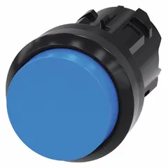 Momentary-action push-button operator from the Siemens 3SU series. Features a blue non-metallic actuator with a 22 mm mounting diameter. Designed for panel-mount installation in industrial control applications such as machine start, stop, or signaling functions.