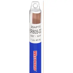 This low-alloy steel filler rod is designed for gas tungsten arc welding (GTAW/TIG) of carbon and low-alloy steels. It provides a tensile strength of 80 ksi and a yield strength of 68 ksi as welded. Typical applications include structural fabrication, pressure vessel work, and general repair requiring higher strength and good impact properties.