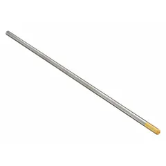 1.5% lanthanated tungsten electrodes (EWLa-1.5) with gold color code. Each electrode measures 1/8 in diameter by 7 in length. Suitable for AC/DC TIG (GTAW) welding of carbon steel, stainless steel, nickel alloys, and titanium. Pack of 10.