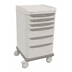 Polymer medical procedure cart with taupe cabinet and white drawers. Includes 6 drawers and 1 shelf. Equipped with 4 swivel casters for mobility in clinical environments.