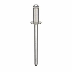 Domed-head blind rivet with 0.153" diameter and 1.693" overall length. Body length is 13/32" (1 11/16" overall). Supplied in a 500-piece pack. Used for single-sided fastening of sheet metal, plastics, and composite materials in applications where rear access is limited.