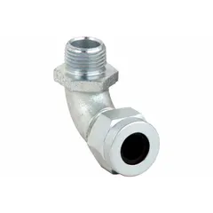 This 90° metallic cable grip provides strain relief and liquid-tight sealing for electrical cables entering enclosures. Constructed with a steel body and silver finish, it features a 1/2 in MNPT box connection and accepts cord diameters from 0.38 in to 0.50 in. The blue color-coded grommet aids identification. Rated IP66 and Class I, Division 2 for hazardous locations, it is suitable for wet or potentially flammable environments.