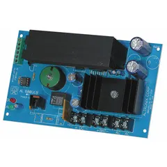 This power supply board accepts 28V AC input and delivers selectable 12VDC or 24VDC output at 6A. Constructed with phenolic/fiberglass material, it is suitable for use in access control systems, security equipment, and industrial control panels requiring a regulated DC power source.