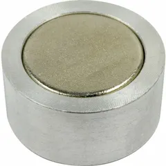 Encased cylindrical alnico magnet with 0.5 in thickness and 1 in outside diameter. Provides 7.5 lbf maximum pull force. Suitable for holding, positioning, and lifting ferrous parts in industrial automation, jigs, fixtures, and light-duty material handling applications.