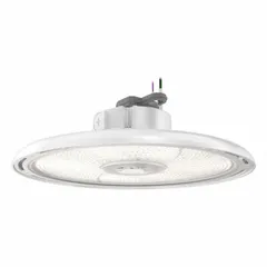 Round LED bay light for high-bay applications such as warehouses and factories. Replaces 1000W metal halide fixtures. Operates at 120-347V AC, 330W, 4000K color temperature, 80 CRI, general distribution.