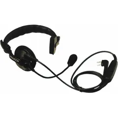 Over-the-head headset with single-wire configuration and push-to-talk button. Features a two-pin connector for use with NX-P1000 series radios. Black finish. Suitable for hands-free communication in environments requiring reliable audio and remote talk control.