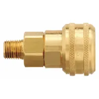 Brass quick-connect coupling body for compressed air systems. 1/4"-18 male thread, 1/4" hose fitting size, push-to-connect locking. Used to connect pneumatic tools and hoses in industrial applications