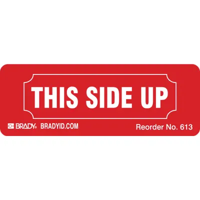 BRADY Instructional Handling Label: This Side Up, 1 1/8 in x 3 1/4 in, Red, 500 Labels per Roll - Shipping & Receiving Message Labels
