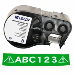 Green gloss vinyl thermal transfer continuous label roll cartridge, 1 in x 25 ft, for indoor/outdoor use. Compatible with BMP41 printer series. Used for industrial identification such as pipe marking, safety signs, and equipment tags.