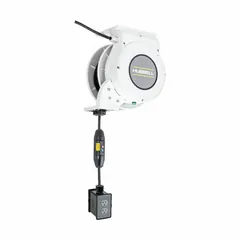 Motorized self-retracting cord reel with ratchet lock for organized cord management. Features 25 ft of 12 AWG SJO cord, NEMA 5-20P feeder plug, and NEMA 5-20R retractable outlet. Suitable for industrial and commercial environments requiring retractable power delivery.