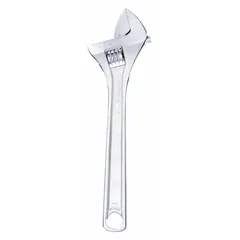 General-purpose adjustable wrench with an 18-inch overall length and 2 3/8-inch jaw capacity. Chrome finish. Used for turning nuts, bolts, and fittings in maintenance and repair tasks.