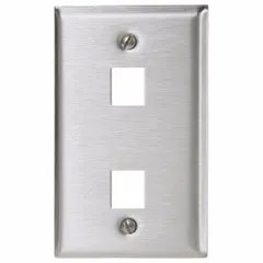 This 1-gang, 2-port keystone wall plate is constructed of stainless steel with a gray finish. It features a flat module style with vertical outlet orientation and is compatible with keystone jack modules. Suitable for mounting and concealing connectors in structured cabling systems.