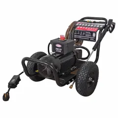 Cart-mounted cold water pressure washer with direct pump drive. Operates on 230 V single-phase power, delivering 2,500 psi at 3.5 gpm with a 5 hp electric motor. Suitable for cleaning vehicles, equipment, and building surfaces.
