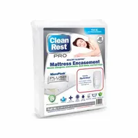 This mattress encasement from CLEANREST is designed for full XL beds, measuring 80 inches long by 54 inches wide. It features a polyurethane cover and a polyester-blend pad, weighing 3.39 oz, and fits mattresses up to 18 inches high. Suitable for protecting mattresses and box springs in hospitality, healthcare, or residential settings