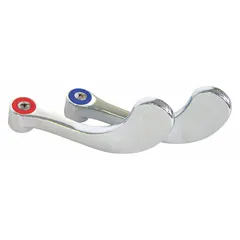 Lever handle for wristblade faucets, compatible with Chicago Faucets. Made of brass with a chrome finish. For use with hot and cold water. Includes mounting screw. Sold as a pair.