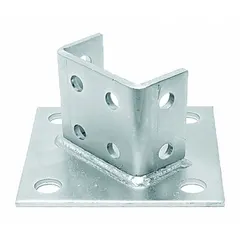 Steel post base designed for double strut channels of 1-5/8 in x 3-1/4 in. Features an electroplated finish and 8 mounting holes. Used to secure vertical strut members to floors or foundations in industrial racking, cable tray supports, and mechanical piping systems.
